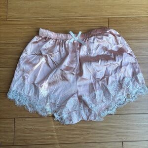 Pink satin lace coquette tap shorts with bow